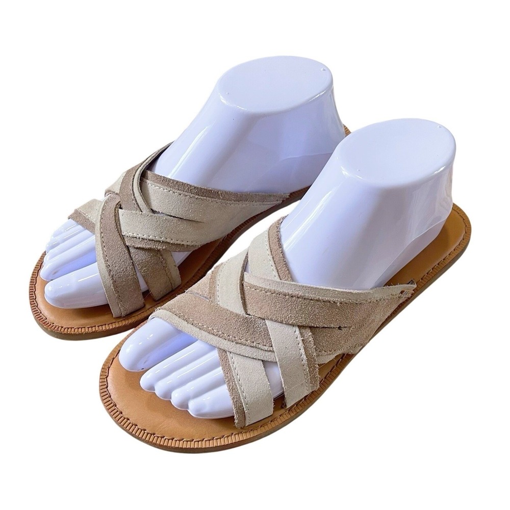 Toms Women 7.5 Val Desert Taupe Suede Leather Crisscross Flip Flop Sandal Slide
